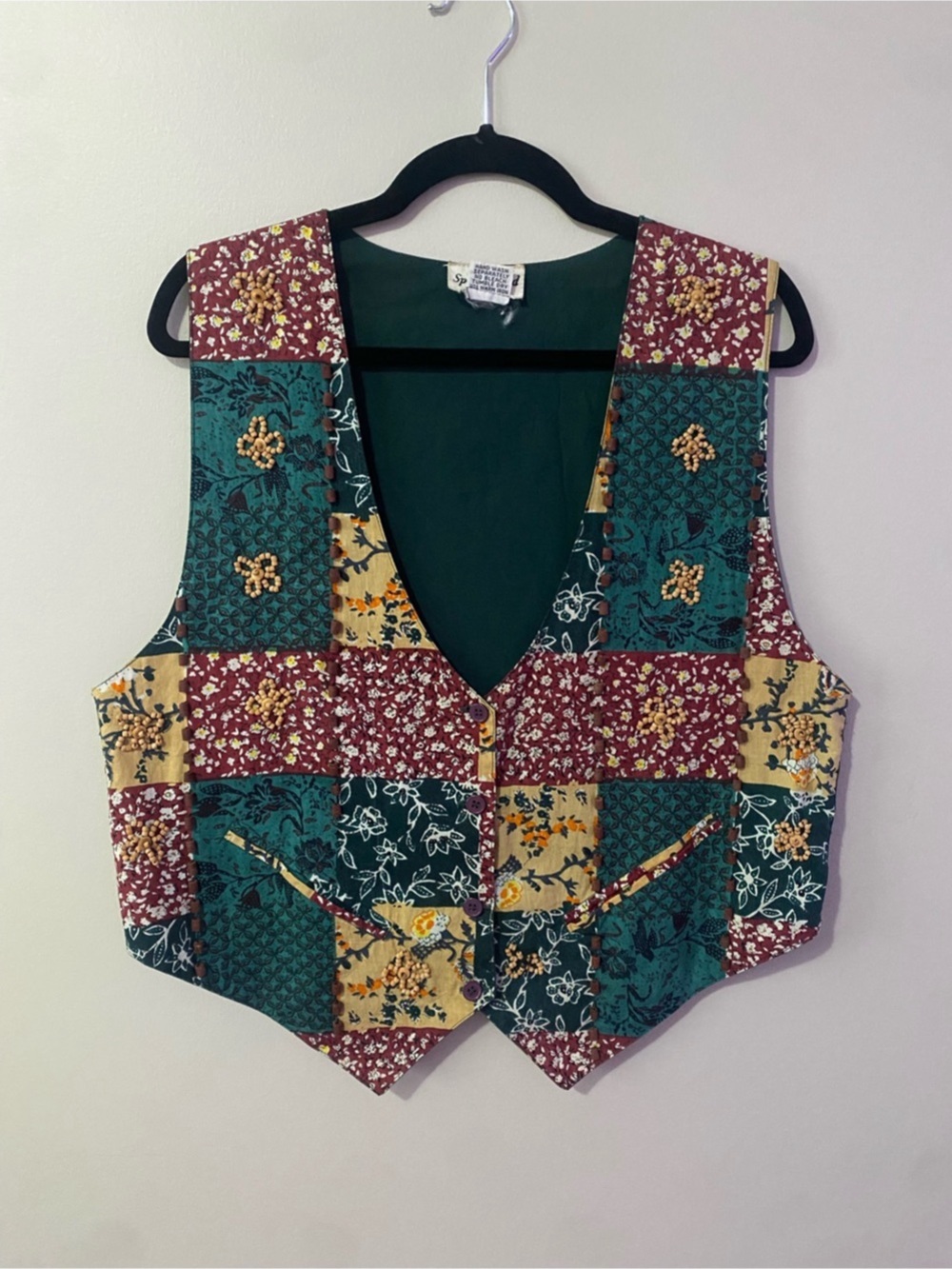 Vintage 90s Boho Spell Bound Multicolor Patchwork Floral Vest w/ Beaded Details
